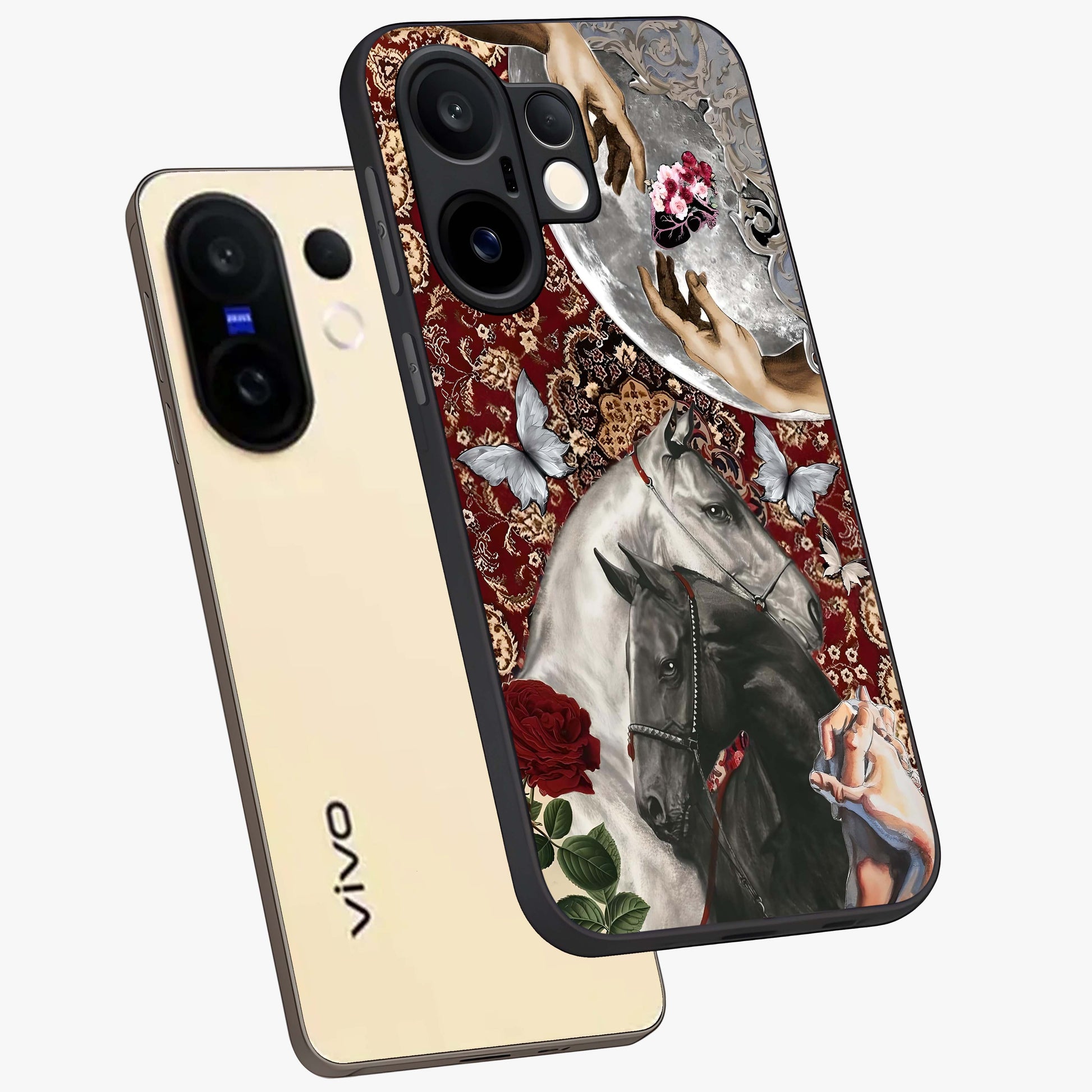 Moonlit Royal Stallion Glass Case displayed in angled mockup highlighting powerful stallion illustration with royal night aesthetic.