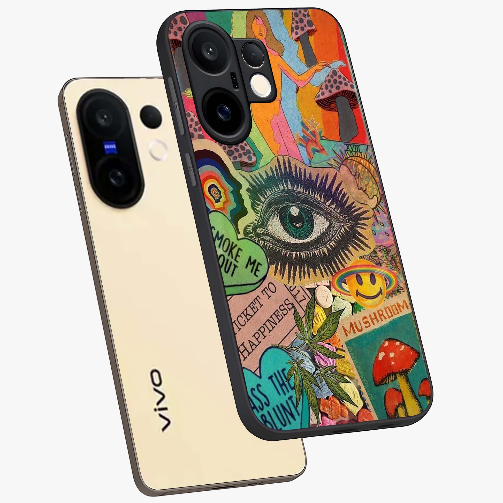Mystic Eye Wonderland Glass Case displayed in angled mockup highlighting magical eye illustration with dreamy aesthetic.