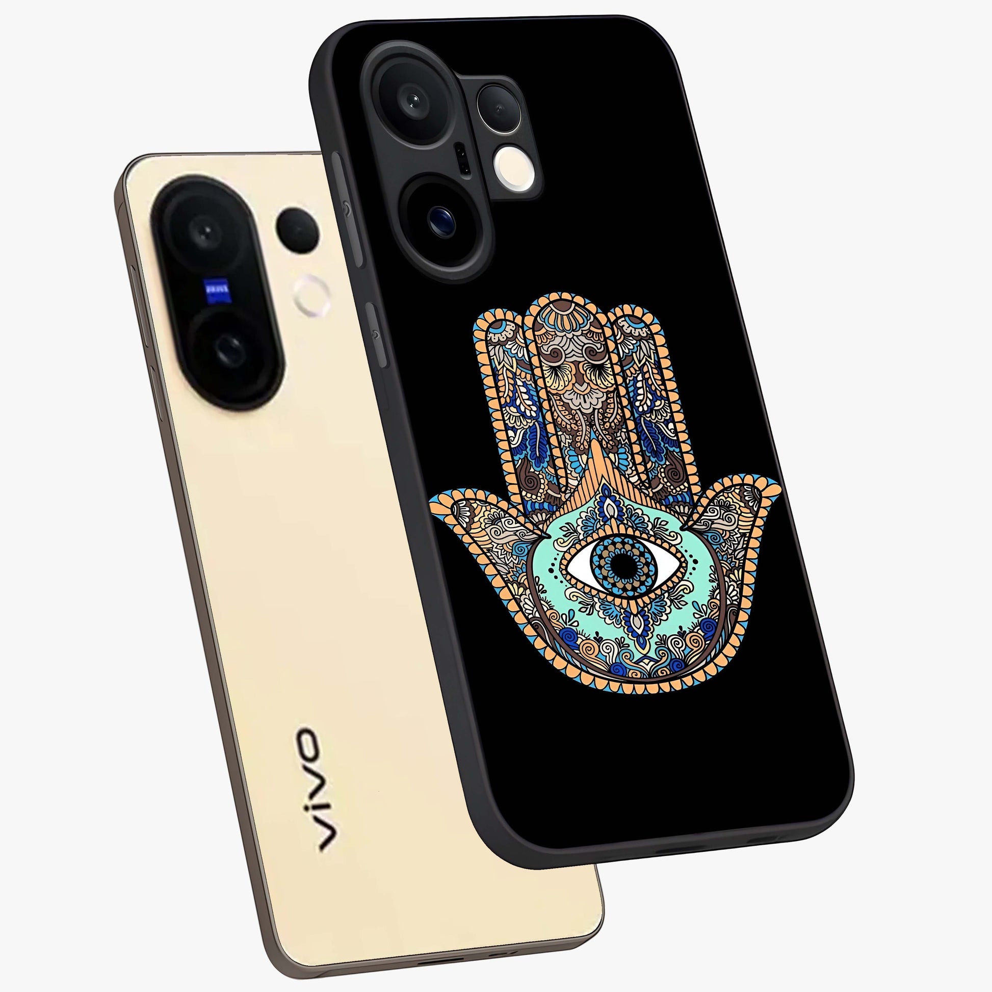 Mystic Hamsa Eye Glass Case displayed in angled mockup highlighting spiritual hamsa symbol with mystical aesthetic style.