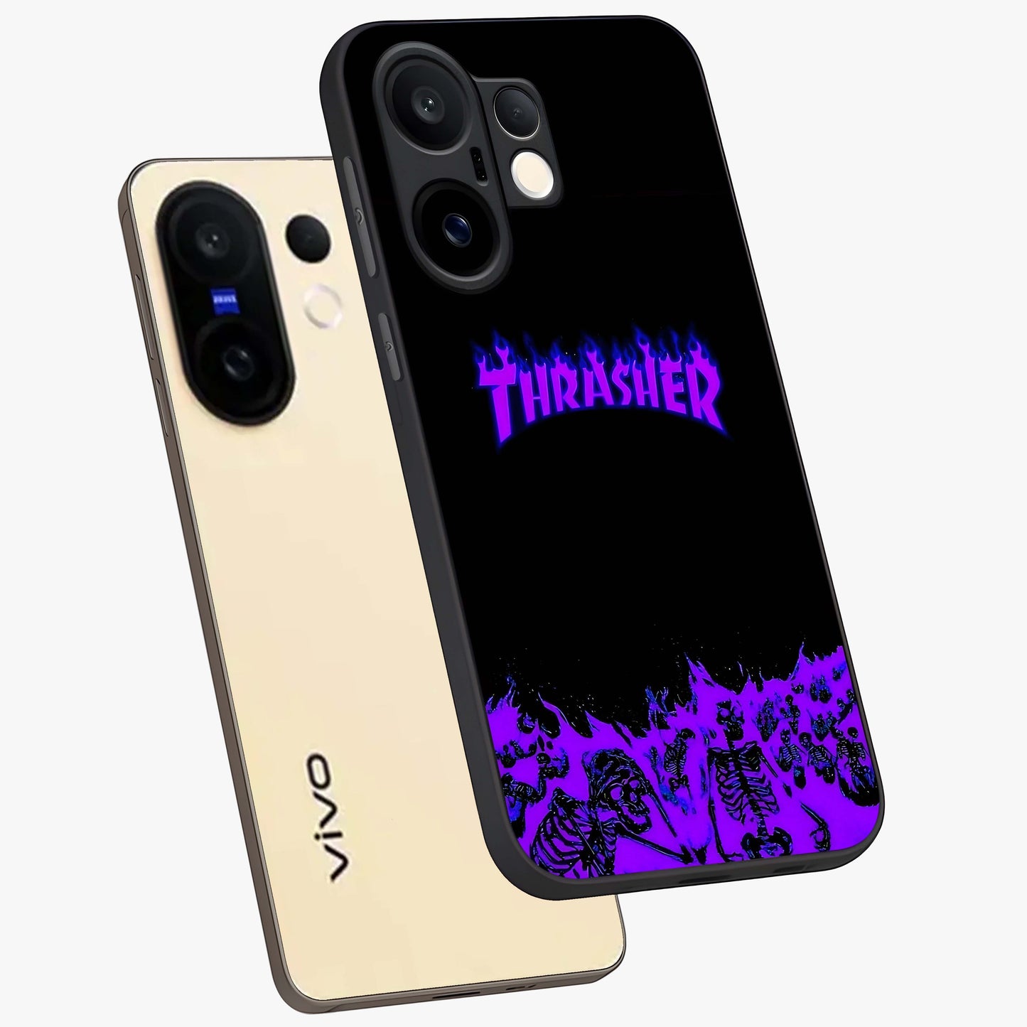 Neon Flame Riot Glass Case displayed in angled mockup highlighting glowing flame design with vibrant neon aesthetic.
