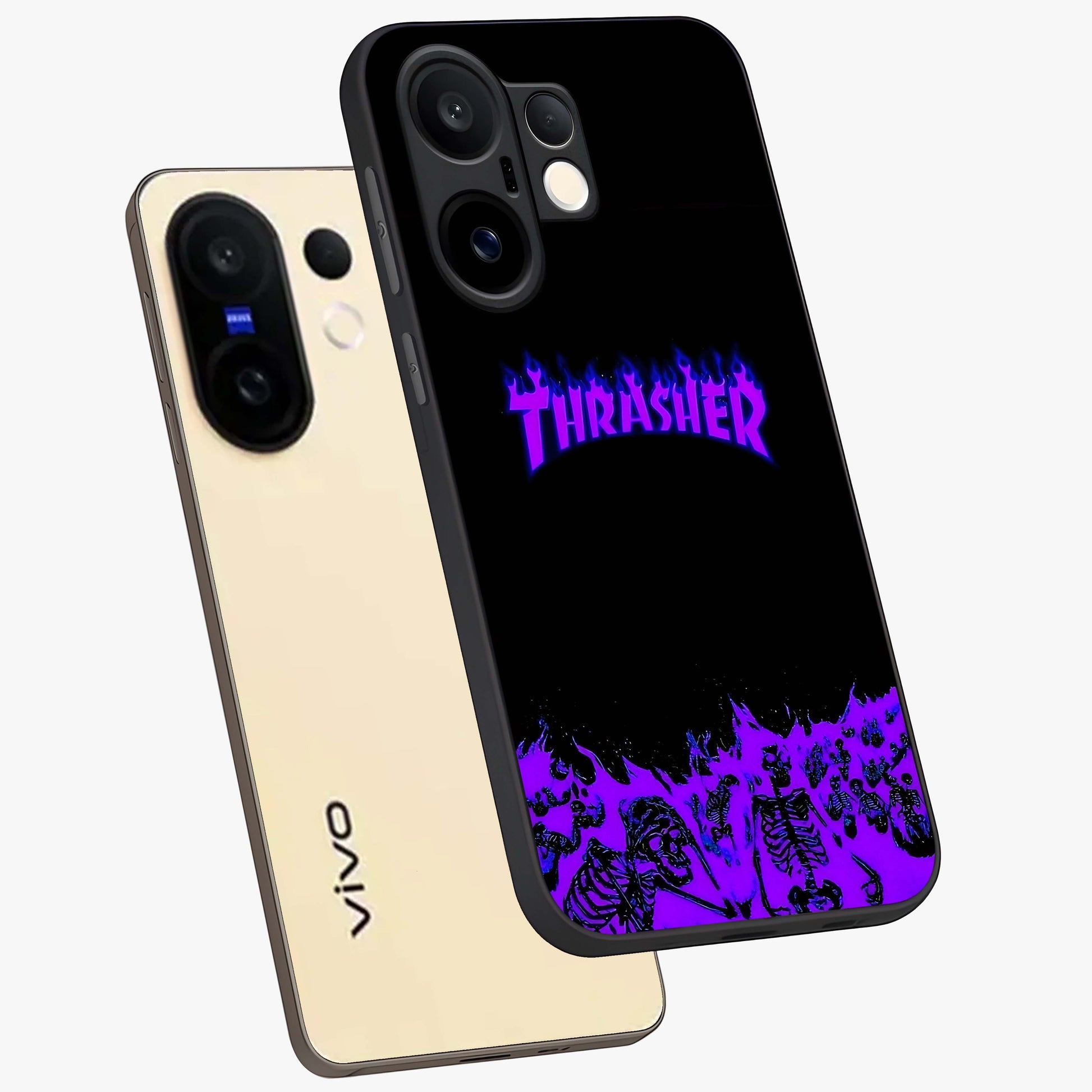 Neon Flame Riot Glass Case displayed in angled mockup highlighting glowing flame design with vibrant neon aesthetic.