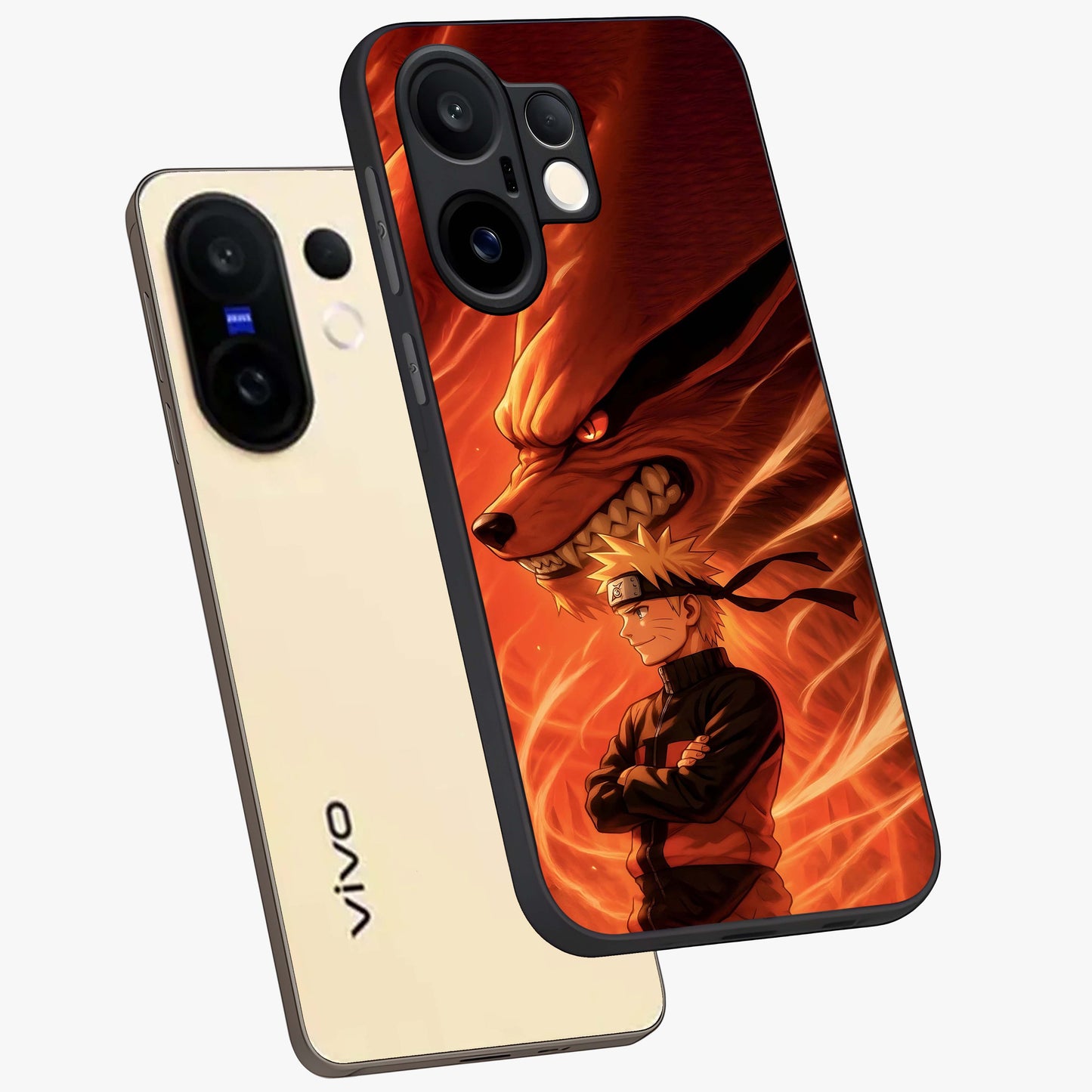 Nine Tails Legacy Glass Case displayed in angled mockup highlighting dynamic anime beast illustration with bold mystical aesthetic.