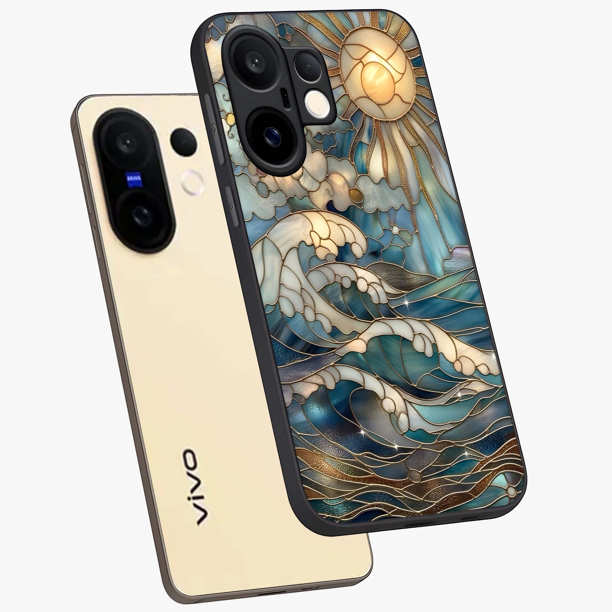 Oceanic Stained Printed Glass Case displayed in angled mockup highlighting colorful aquatic design with artistic aesthetic style.