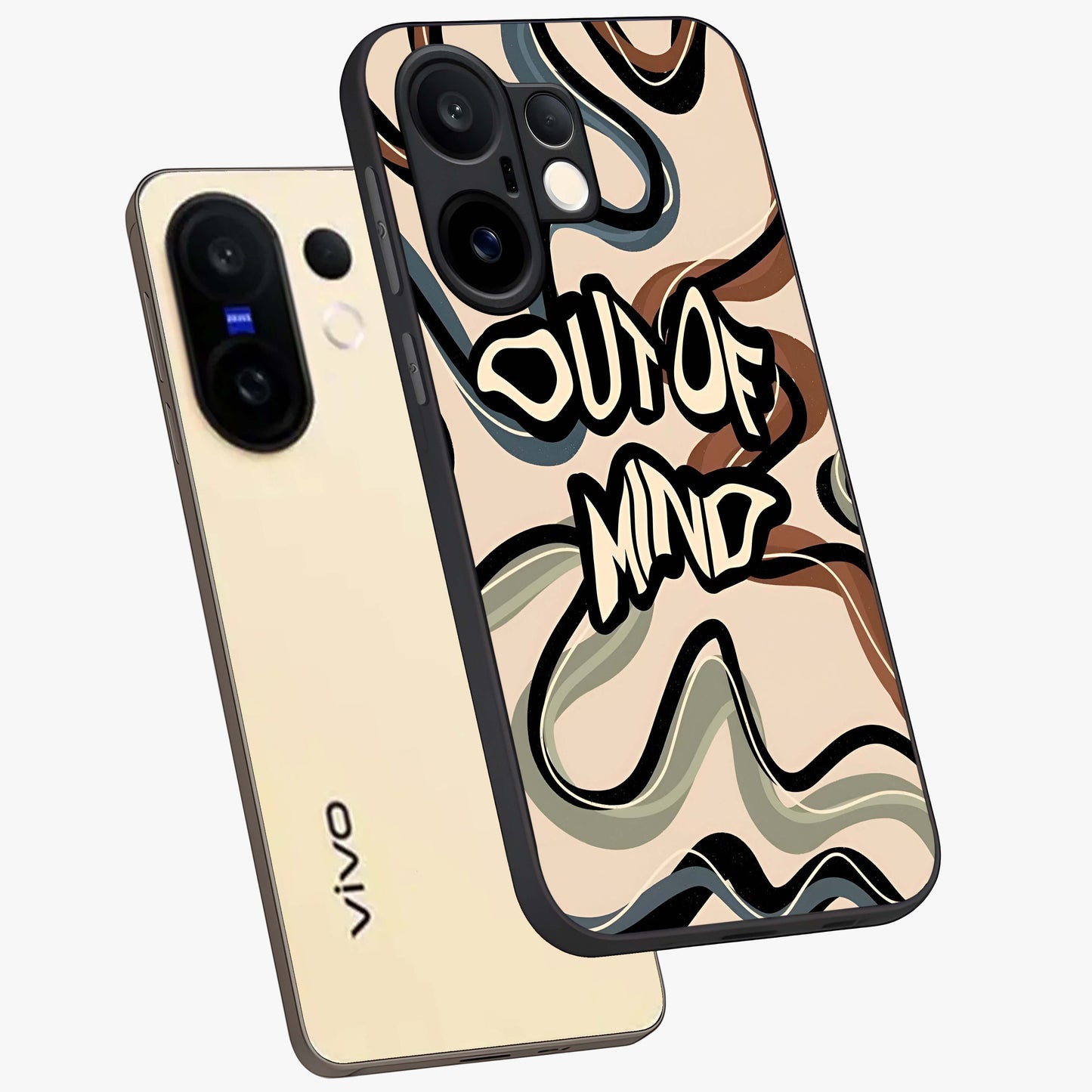 Out Of Mind Glass Case displayed in angled mockup highlighting bold statement design with modern artistic aesthetic.