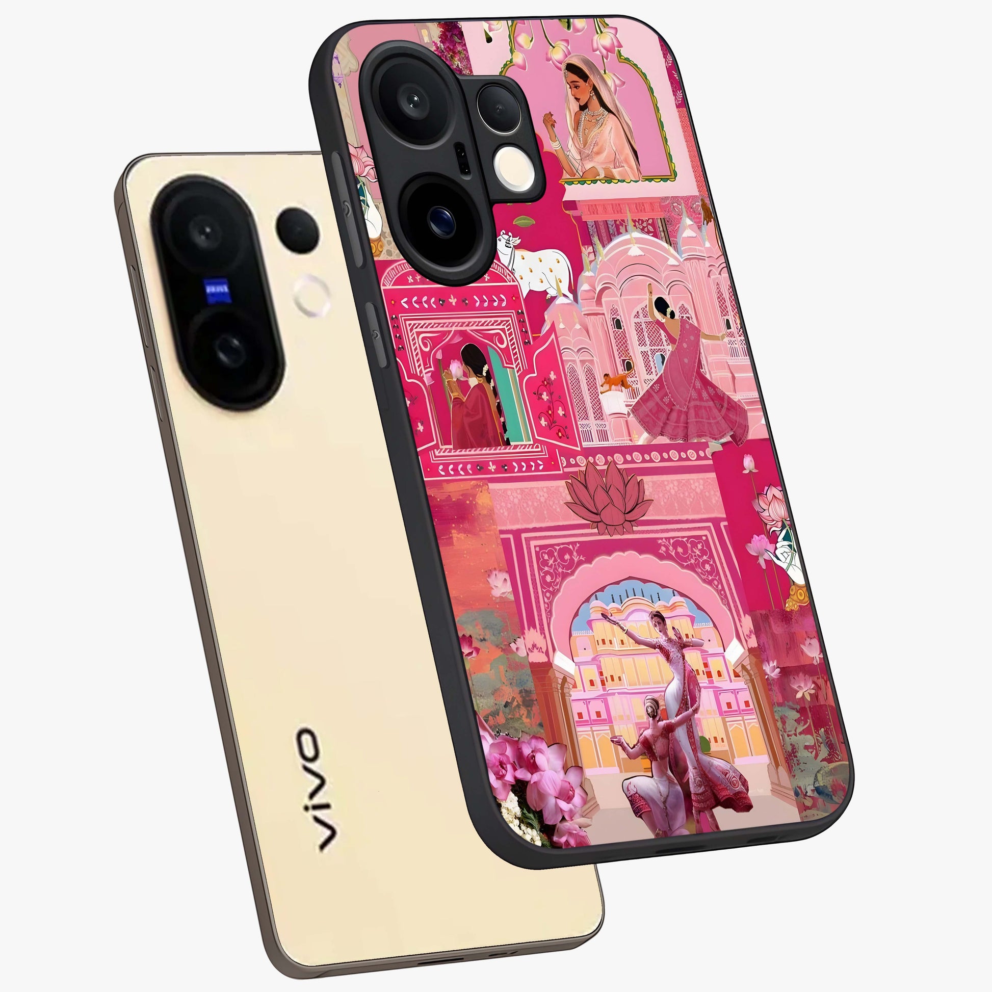 Pink Palace Muse Glass Case displayed in angled mockup highlighting dreamy palace illustration with soft pink aesthetic.