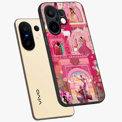 Pink Palace Muse Glass Case displayed in angled mockup highlighting dreamy palace illustration with soft pink aesthetic.