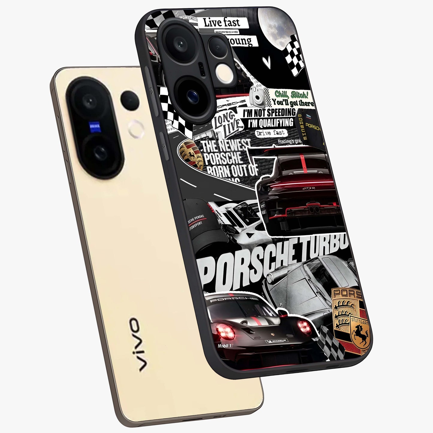 Porsche Racing Collage Glass Case displayed in angled mockup highlighting dynamic automotive design with bold racing aesthetic.