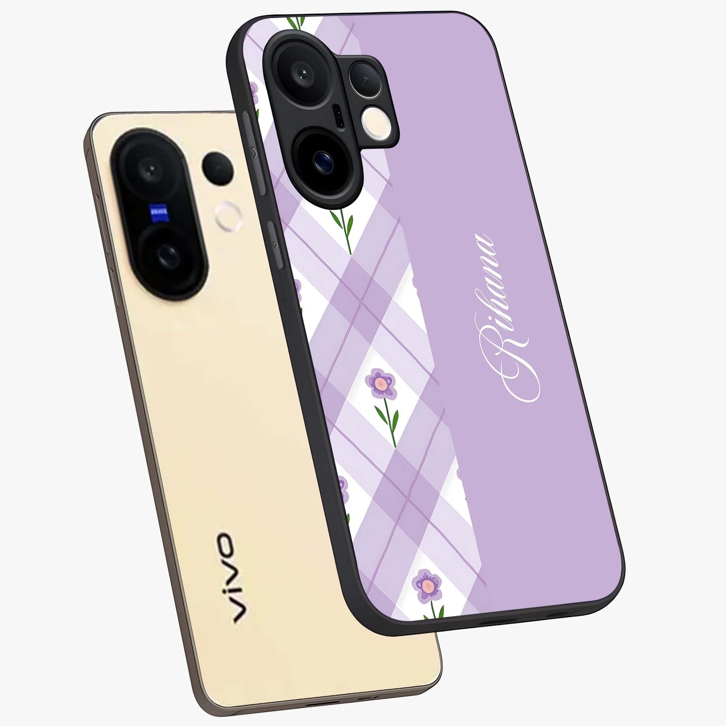 Purple Diamond Floral Glass Case displayed in angled mockup highlighting elegant purple flower design with decorative pattern.