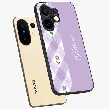 Purple Diamond Floral Glass Case displayed in angled mockup highlighting elegant purple flower design with decorative pattern.