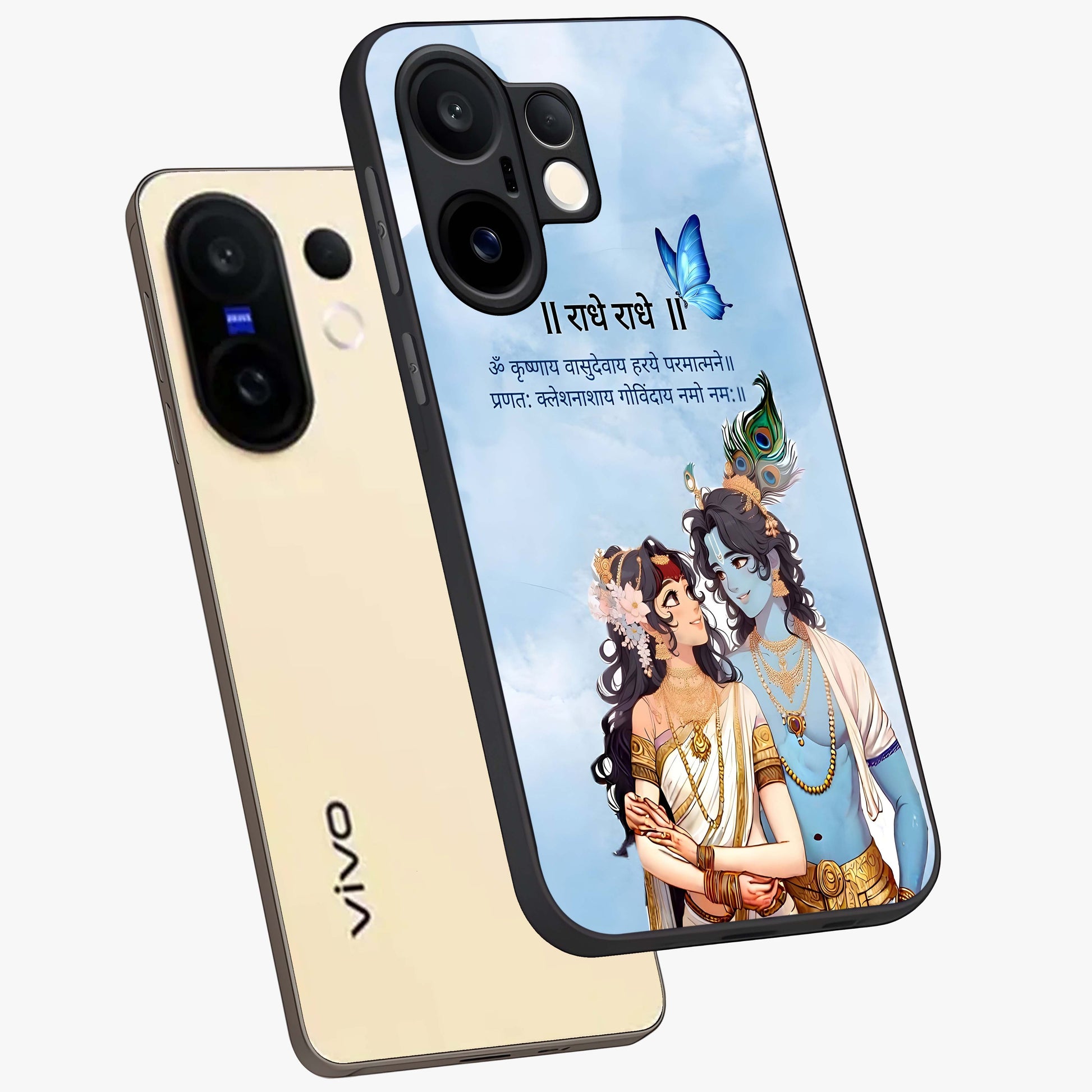 Radha Krishna Eternal Glass Case displayed in angled mockup highlighting divine Radha Krishna illustration with spiritual aesthetic.