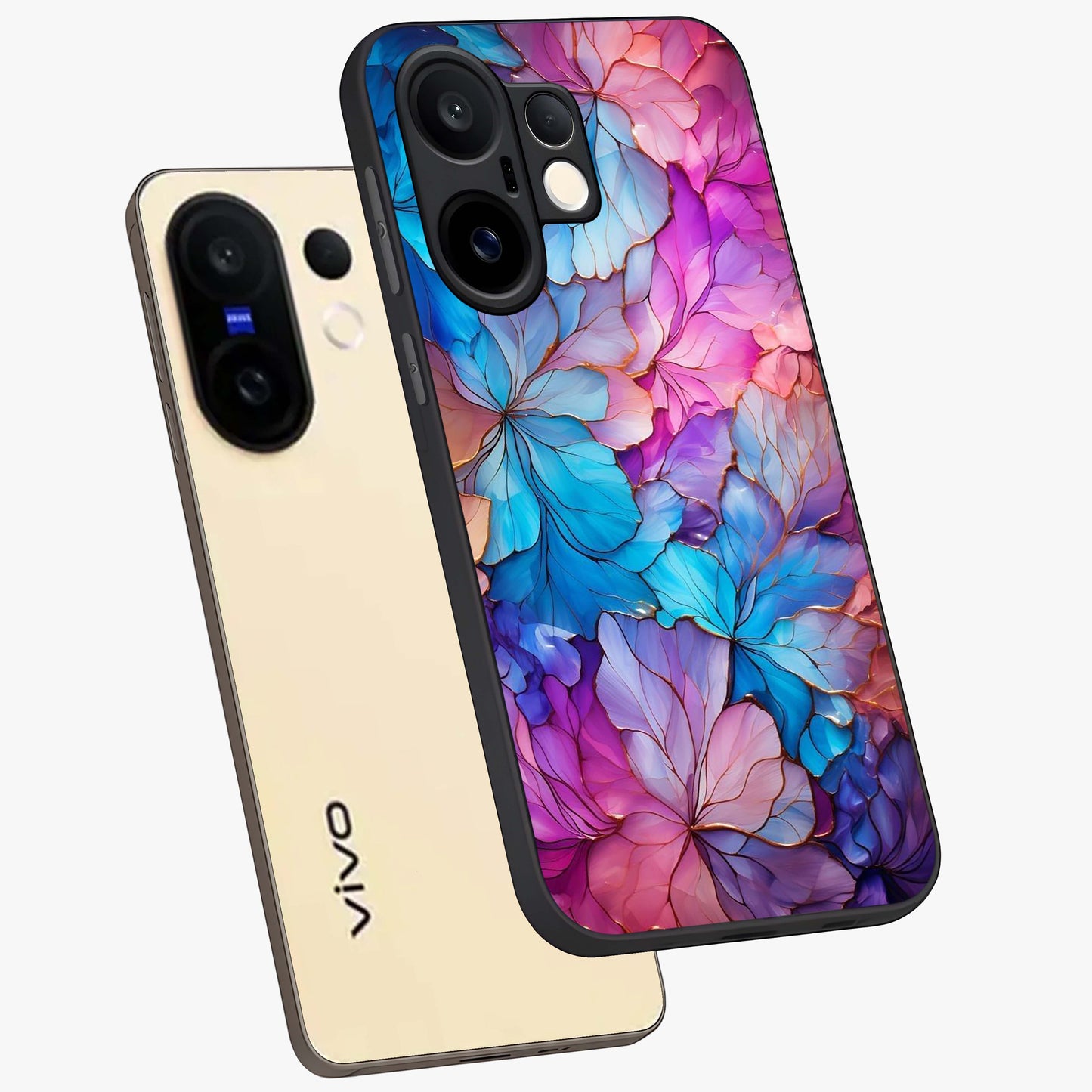 Radiant Floral Whirl Glass Case displayed in angled mockup highlighting vibrant flower pattern with dynamic artistic aesthetic.