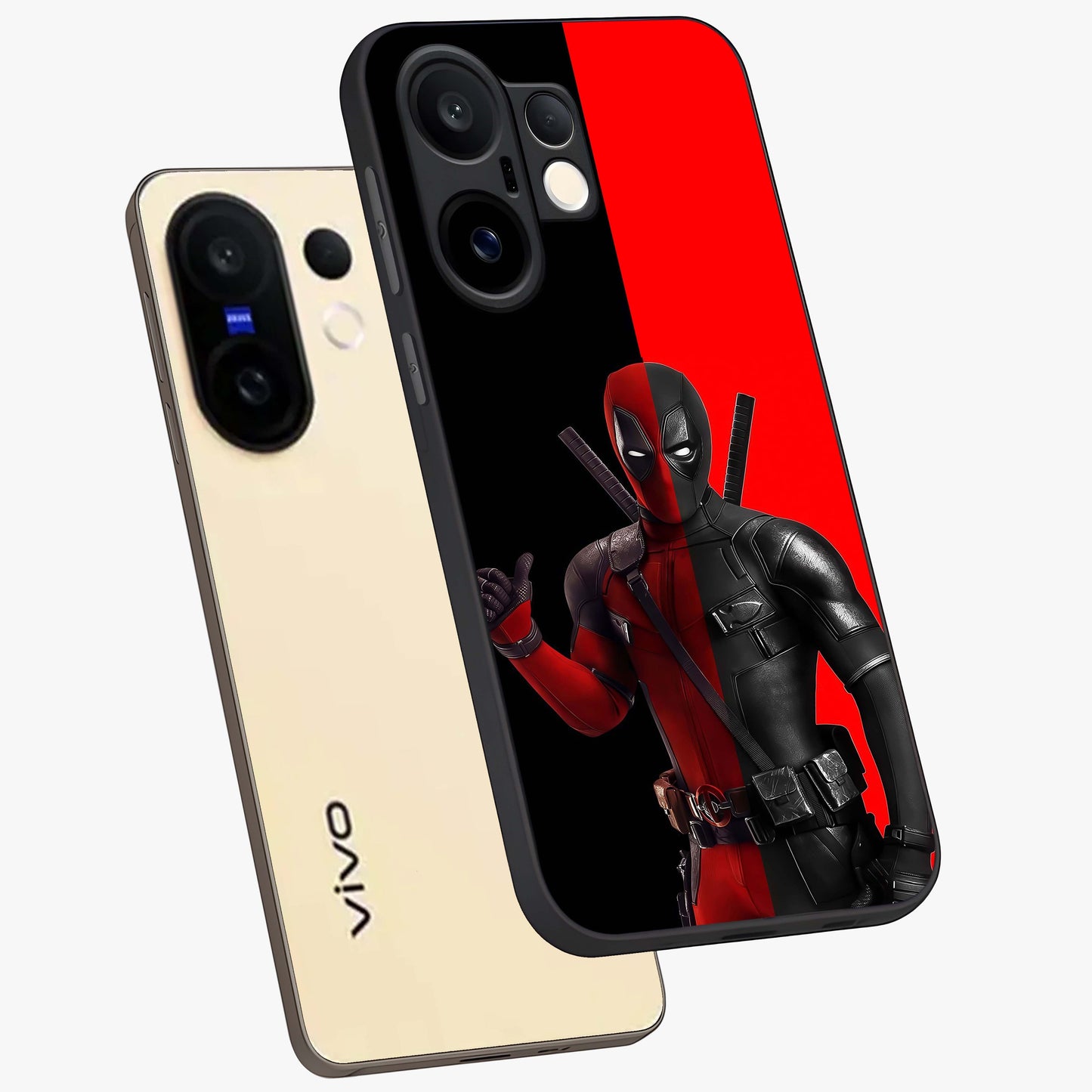 Red & Black Deadpool Theme Glass Case displayed in angled mockup highlighting vibrant superhero style illustration with action aesthetic.