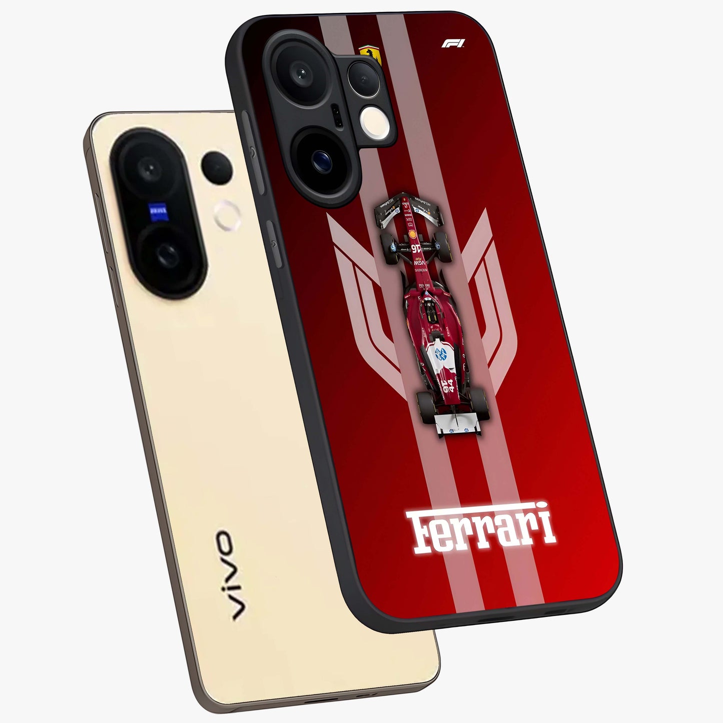 Red Ferrari F1 Vertical Glass Case displayed in angled mockup highlighting high speed racing design with bold automotive aesthetic.
