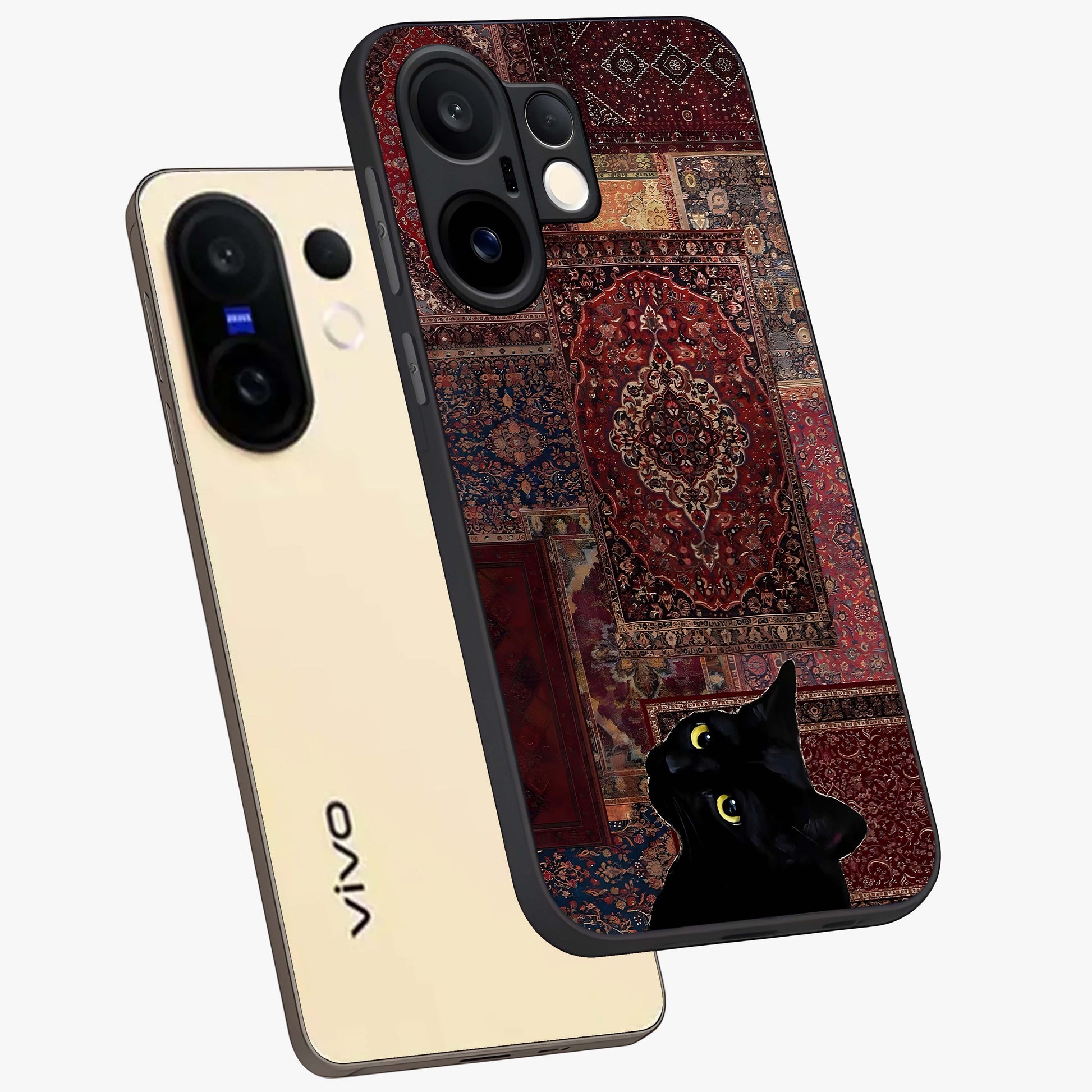 Regal Magic Cat Apple Glass Case displayed in angled mockup highlighting whimsical feline design with fantasy aesthetic.
