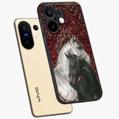 Regal Stallion Tapestry Glass Case displayed in angled mockup highlighting royal stallion design with decorative heritage aesthetic.