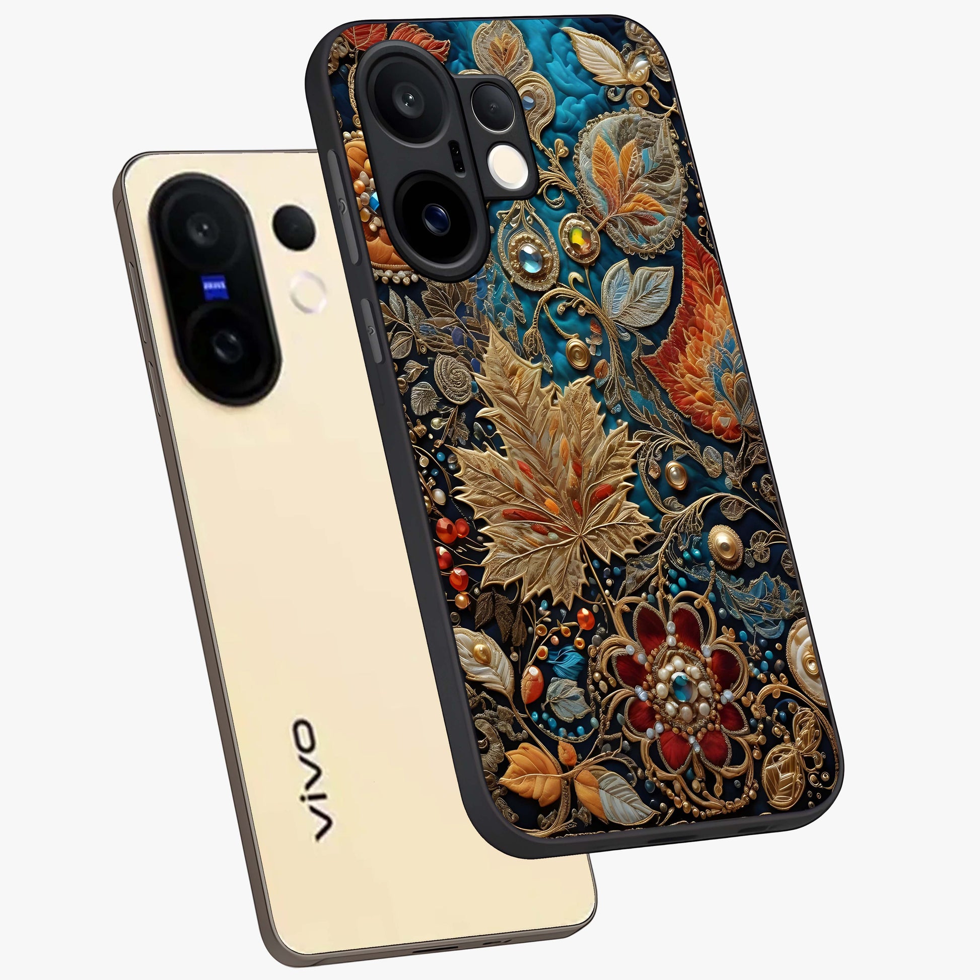 Royal Jewel Garden Glass Case displayed in angled mockup highlighting vibrant jewel inspired floral design with elegant aesthetic.