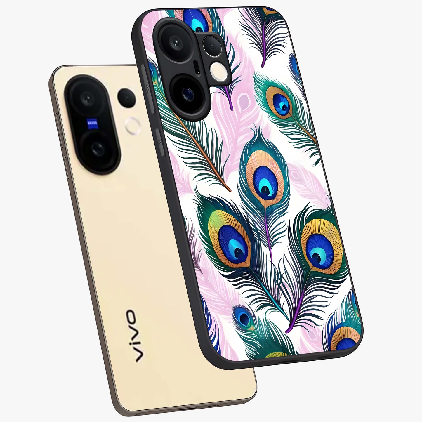 Royal Peacock Feathers Glass Case displayed in angled mockup highlighting vibrant feather pattern with regal aesthetic style.