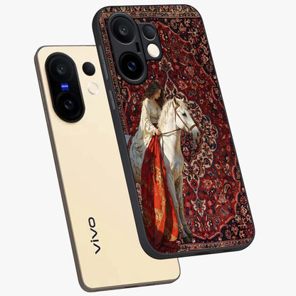 Royal Rider Tapestry Glass Case displayed in angled mockup highlighting traditional tapestry design with royal heritage aesthetic.