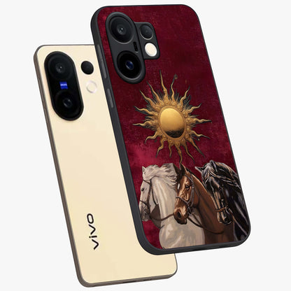 Solar Riders Glass Case displayed in angled mockup highlighting powerful rider illustration with radiant solar aesthetic.