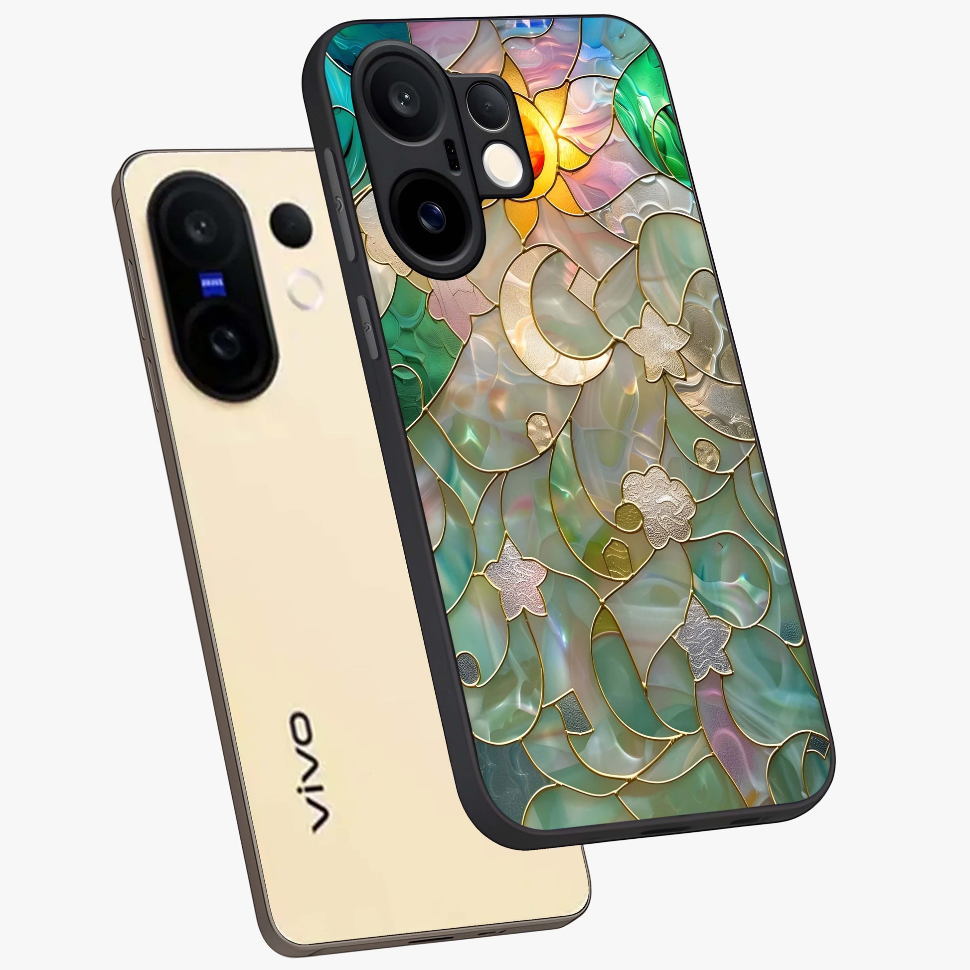 Stained Sunrise Glow Glass Case displayed in angled mockup highlighting radiant sunrise design with artistic aesthetic style.