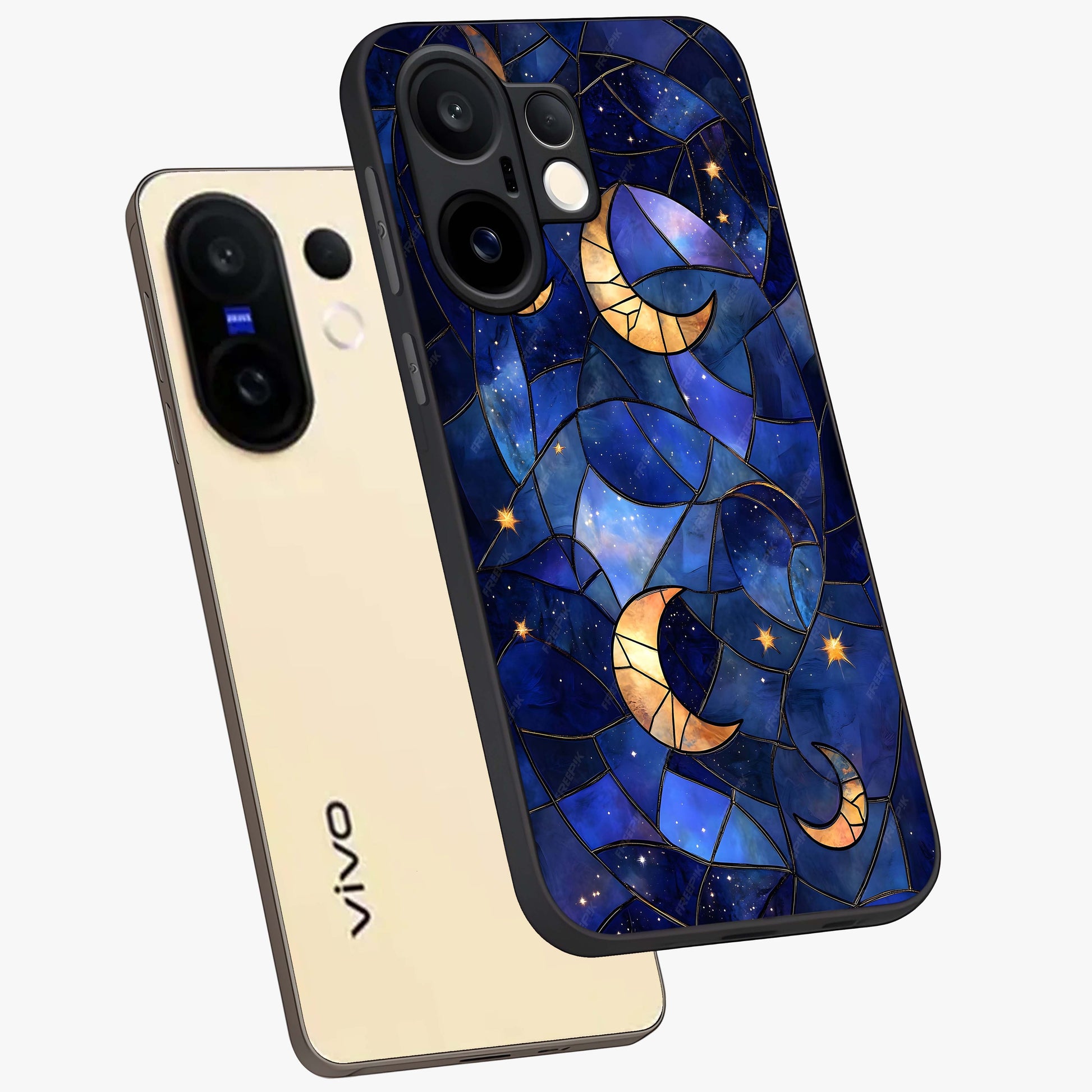 Starlit Sky Tapestry Glass Case displayed in angled mockup highlighting celestial night pattern with artistic aesthetic style.