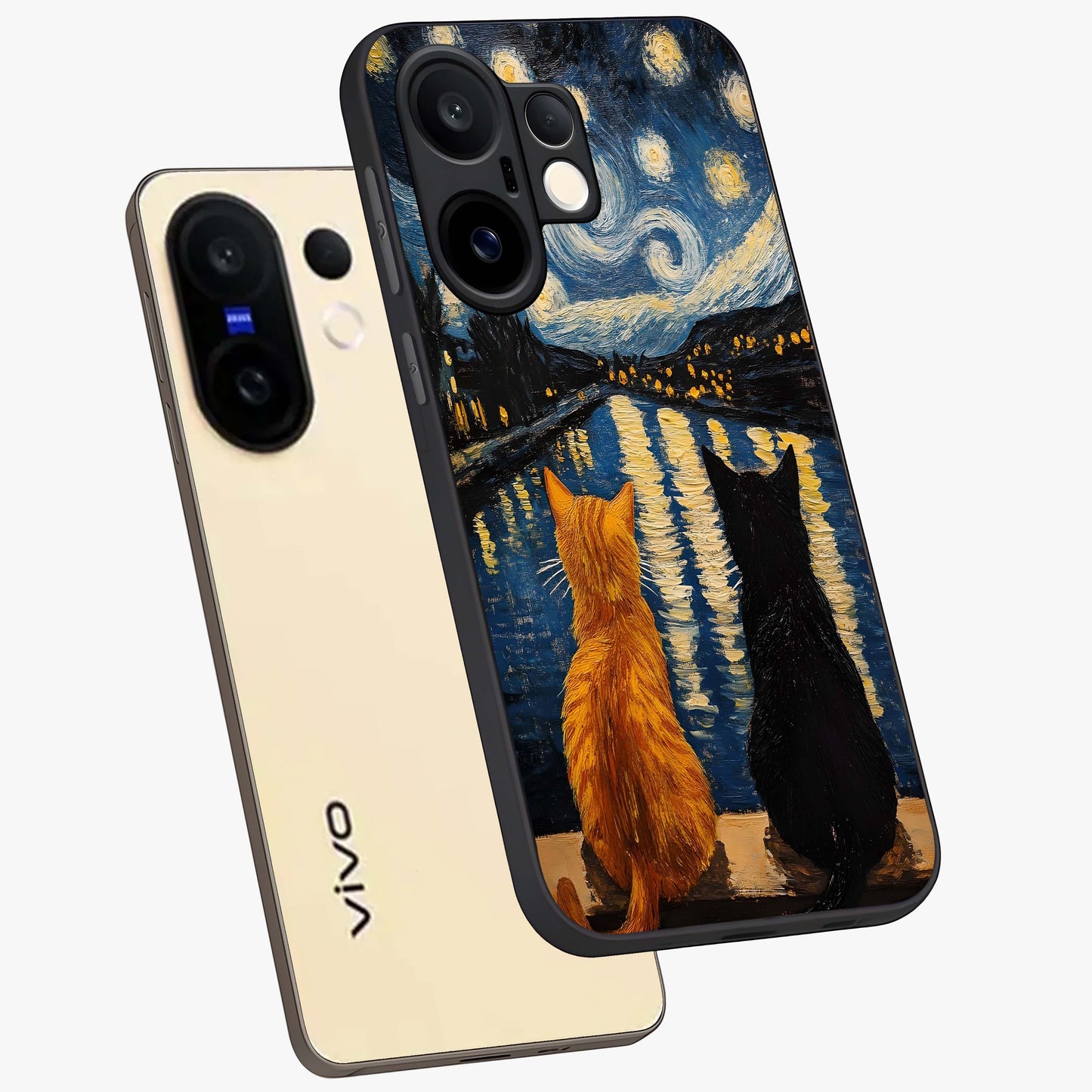 Starry River Cats Glass Case displayed in angled mockup highlighting charming feline illustration with dreamy night aesthetic.