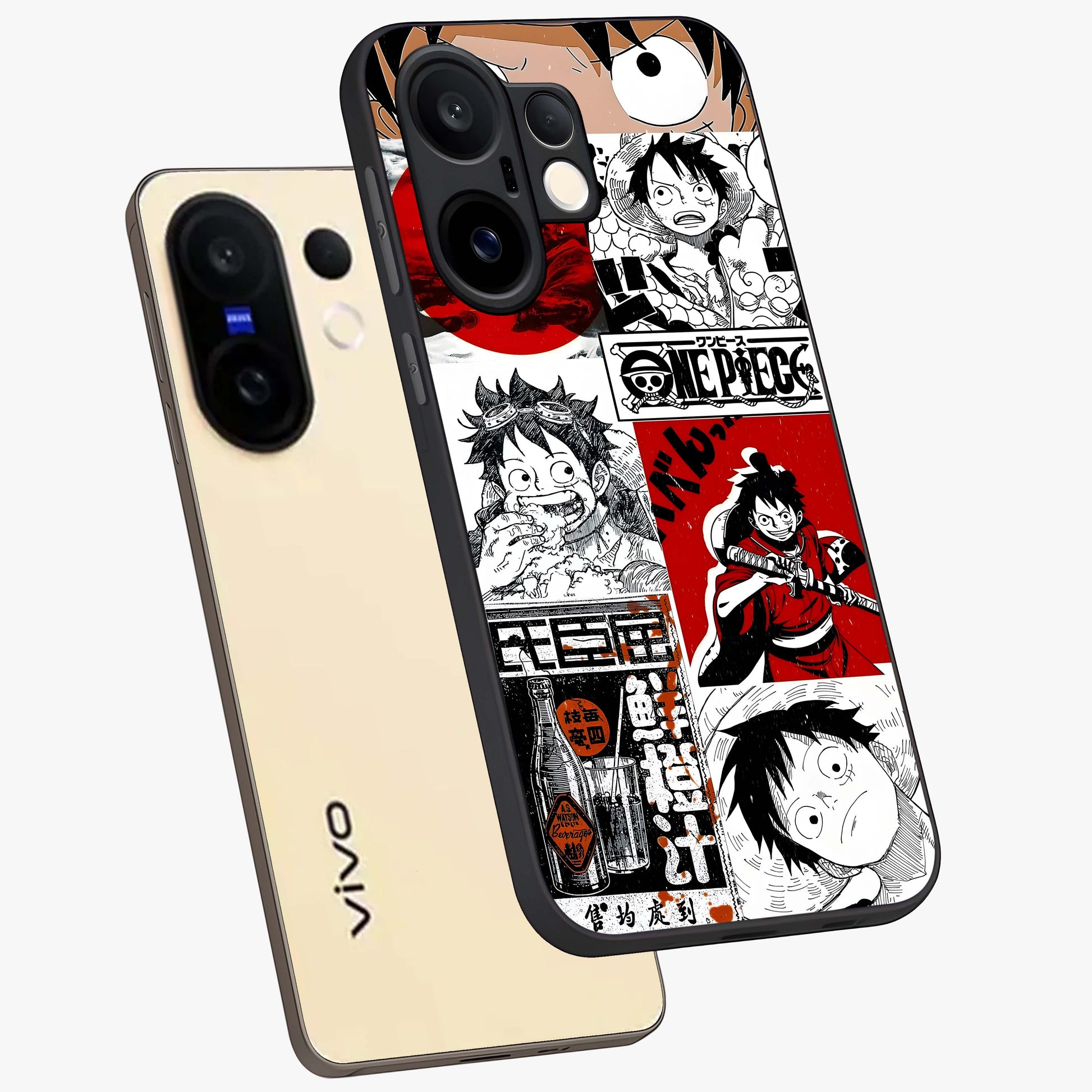 Strawhat Chaos Panels Glass Case displayed in angled mockup highlighting vibrant anime collage design with action aesthetic.