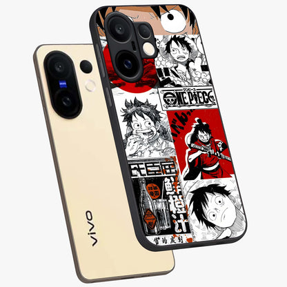 Strawhat Chaos Panels Glass Case displayed in angled mockup highlighting vibrant anime collage design with action aesthetic.