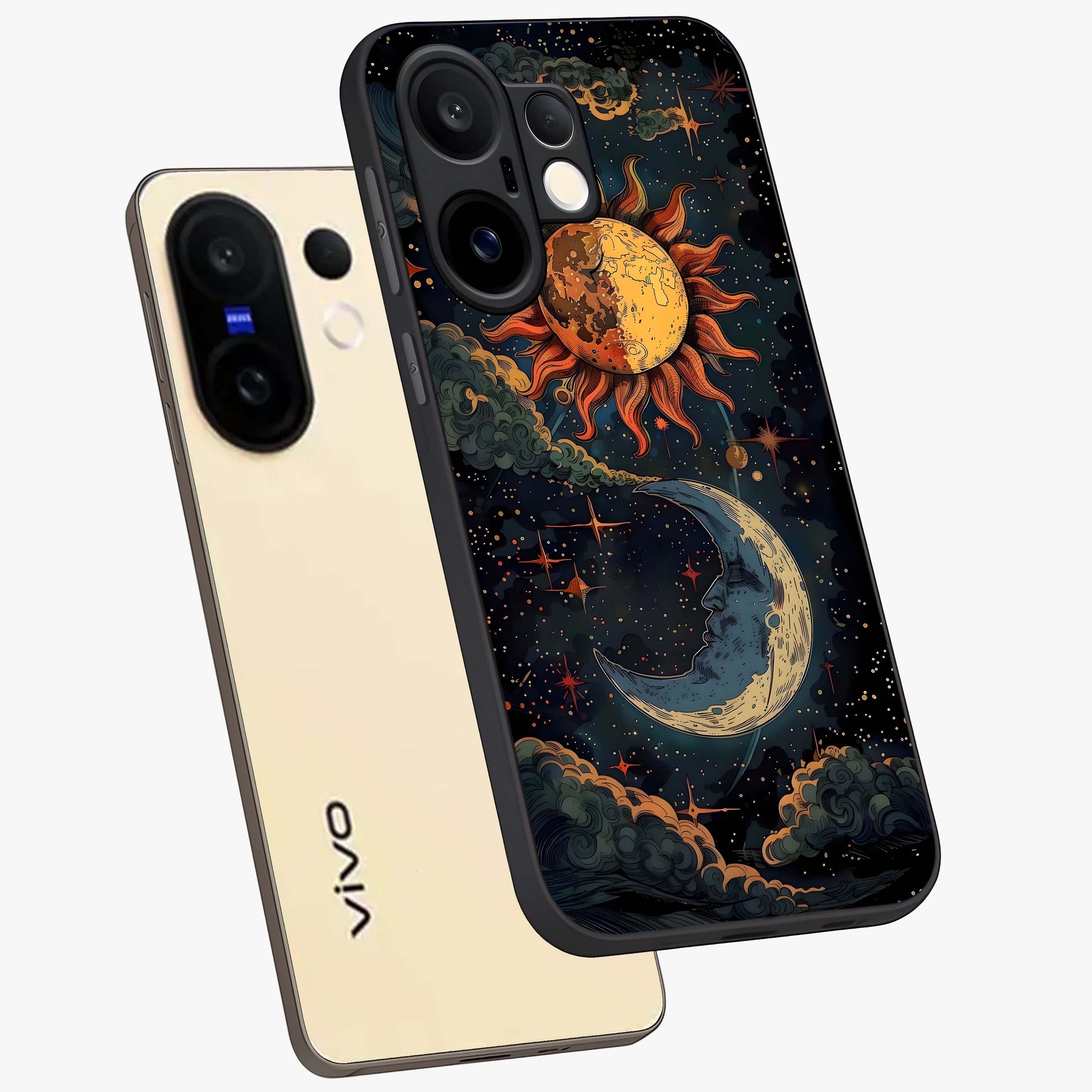 Sun And Moon Magic Design Glass Case displayed in angled mockup highlighting celestial design with magical cosmic aesthetic.