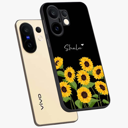 Sunflower Chic Mood Custom Name Glass Case displayed in angled mockup highlighting vibrant sunflower design with custom name feature.