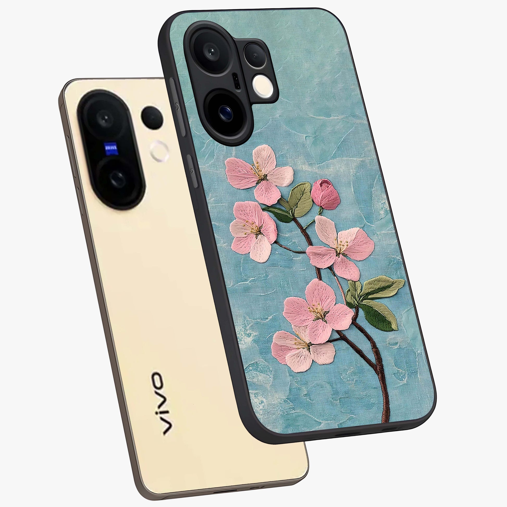 Threaded Blossom Breeze Glass Case displayed in angled mockup highlighting elegant floral design with soft aesthetic style.