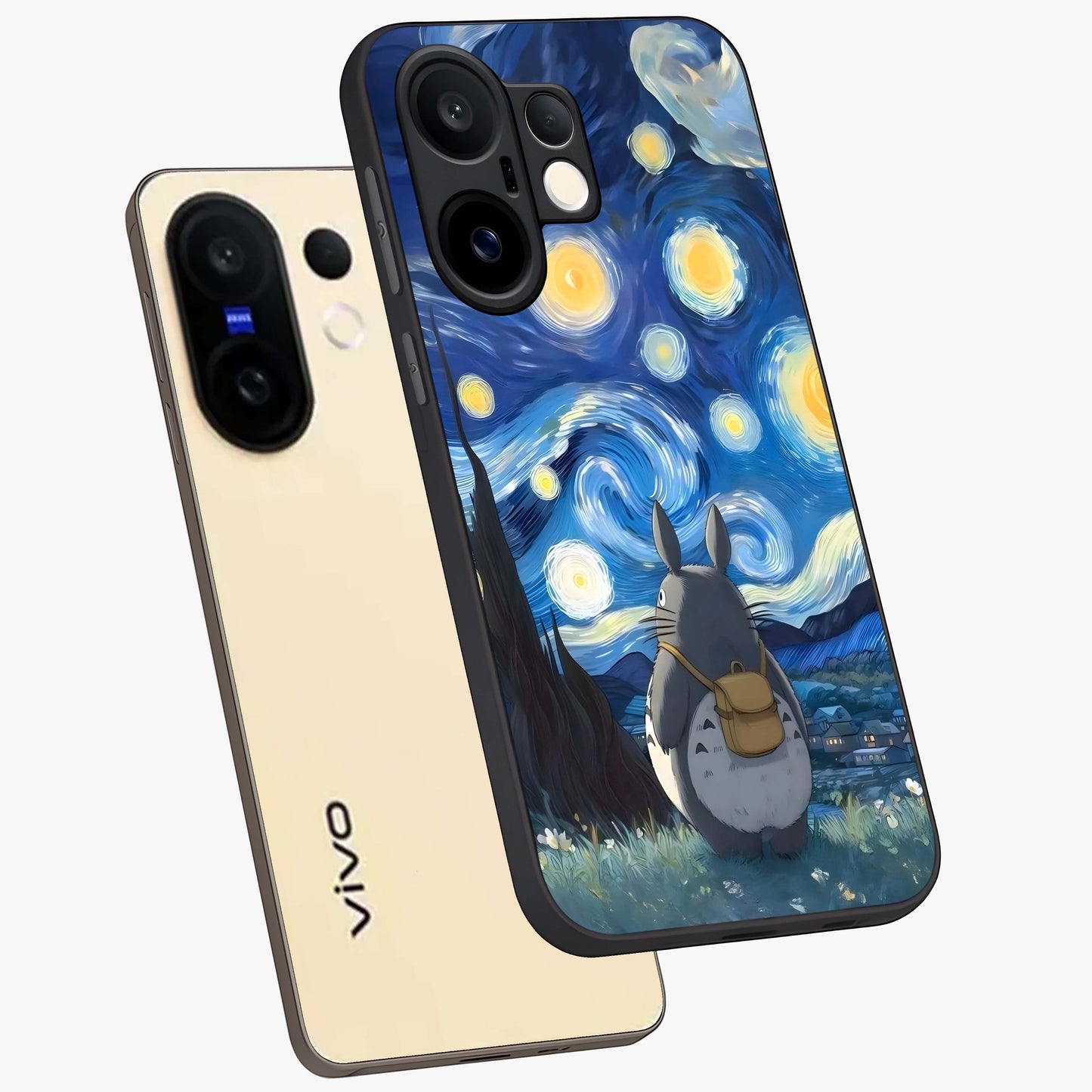 Totoro In Van Gogh Art Glass Case displayed in angled mockup highlighting artistic swirling sky design with playful animation aesthetic.