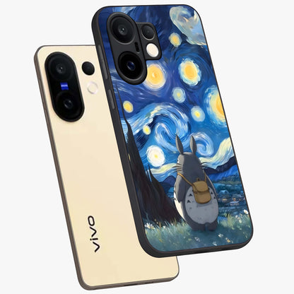 Totoro In Van Gogh Art Glass Case displayed in angled mockup highlighting artistic swirling sky design with playful animation aesthetic.