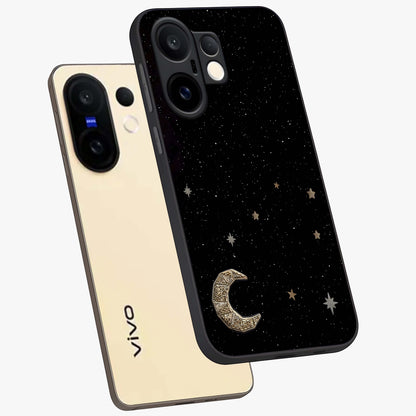 Twinkle Star With Half Moon Glass Case displayed in angled mockup highlighting celestial moon and star design with magical aesthetic.