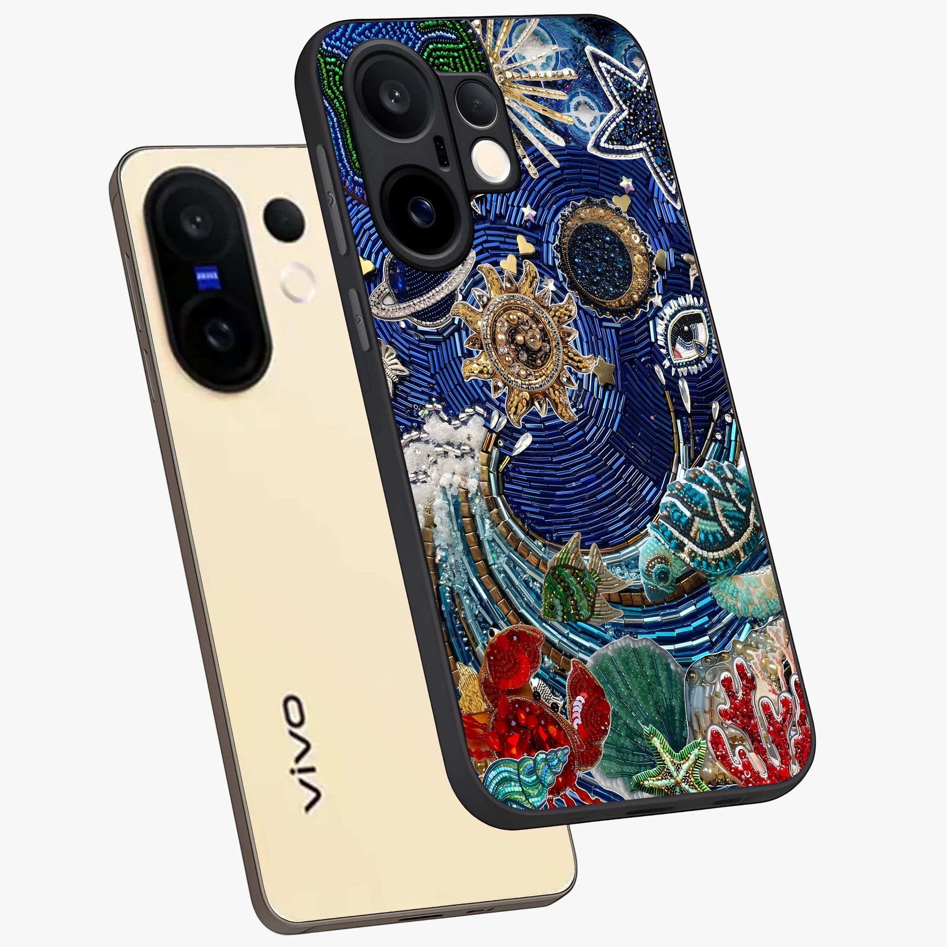 Universe Underwater Spark Glass Case displayed in angled mockup highlighting glowing aquatic design with celestial aesthetic.
