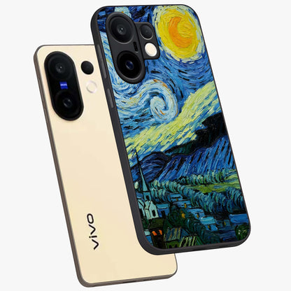 Van Gogh Art Glass Case displayed in angled mockup highlighting swirling brushstroke design with artistic aesthetic.