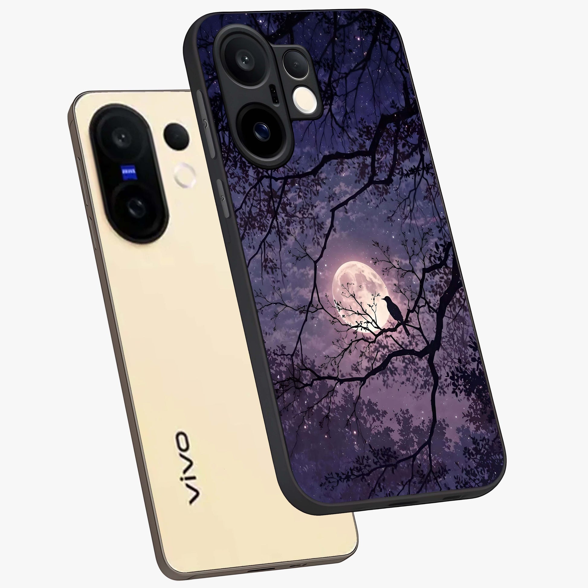 Whispering Moon Silence Glass Case displayed in angled mockup highlighting calm lunar design with dreamy night aesthetic.