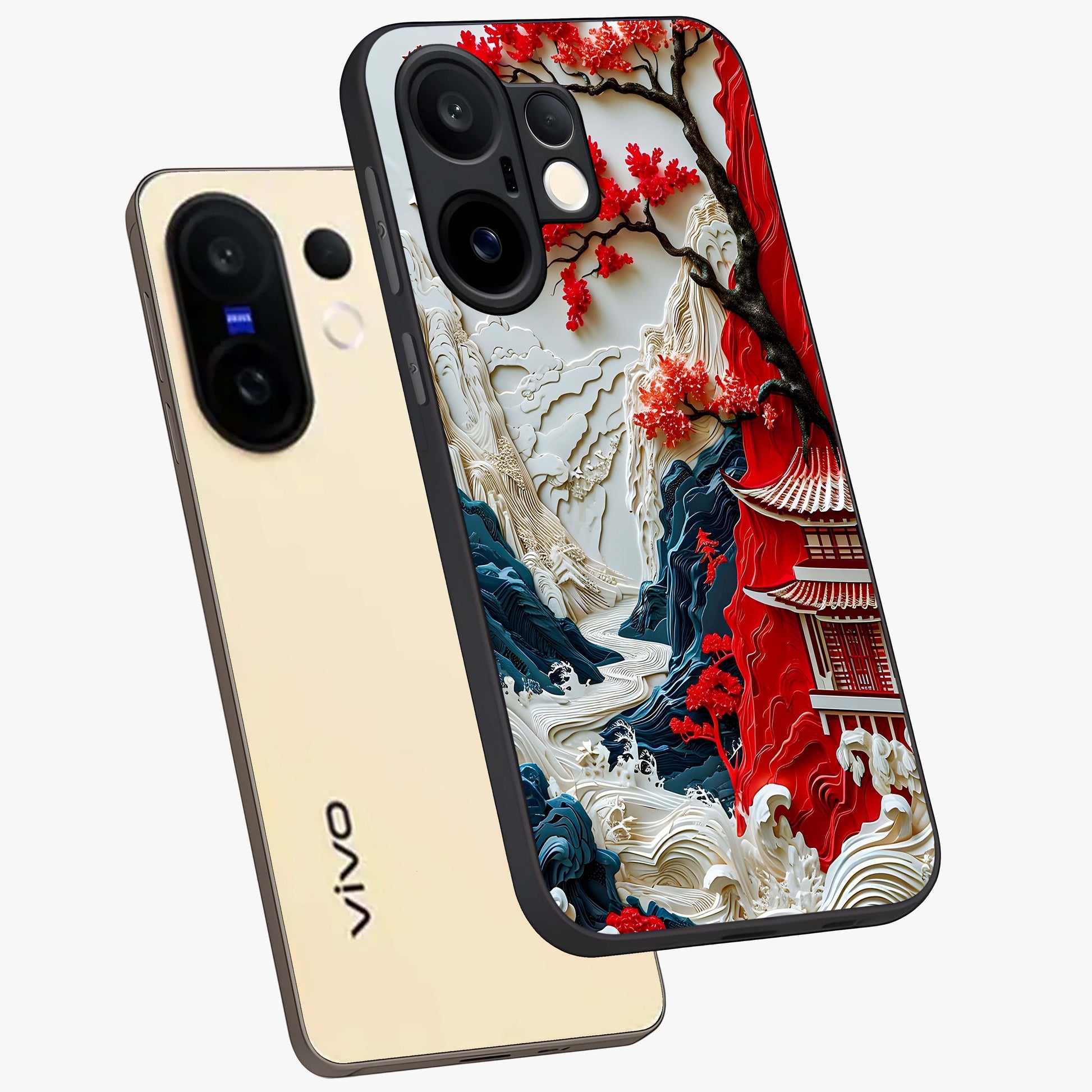 Whispers Of Sakura Waves Glass Case displayed in angled mockup highlighting flowing sakura design with soft floral aesthetic.