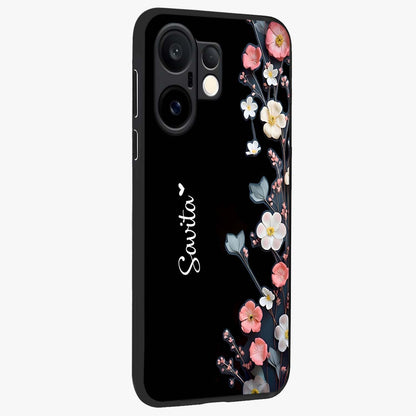 Black Elegance Floral Custom Name Glass Case upright view showcasing luxurious black floral design with personalized name detail.