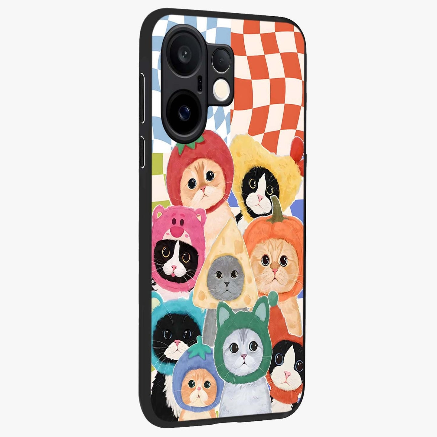 Cats in Fruits Glass Case upright view showcasing charming cat artwork with fun fruity theme.