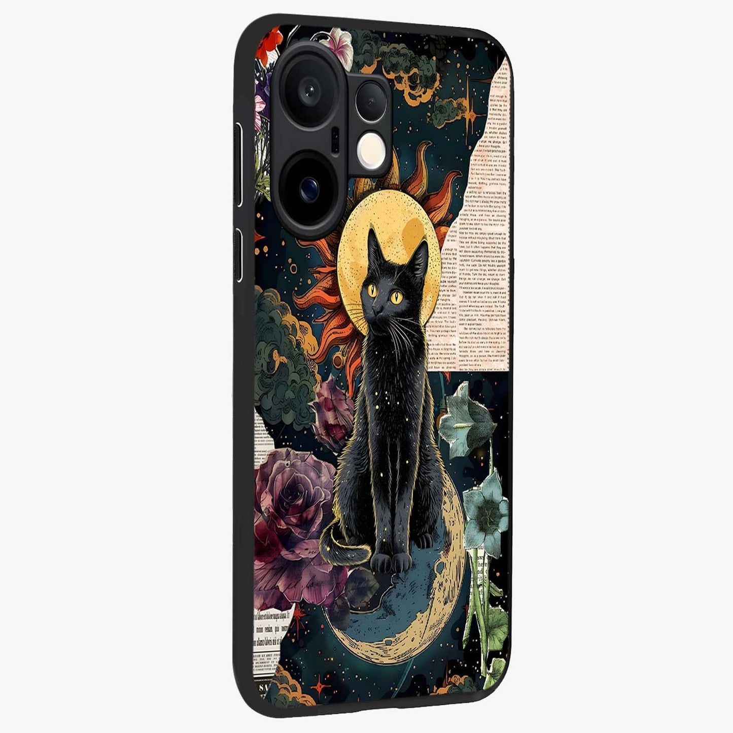 Celestial Black Cat Glass Case upright view showcasing magical black cat illustration with starry cosmic theme.
