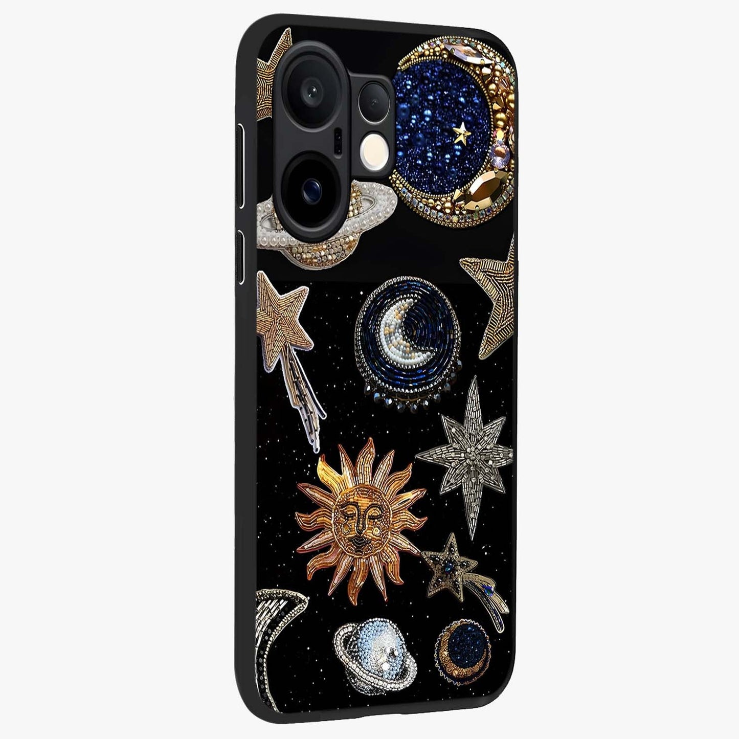 Celestial Gem Constellations Glass Case upright view showcasing cosmic constellation artwork with celestial aesthetic style.