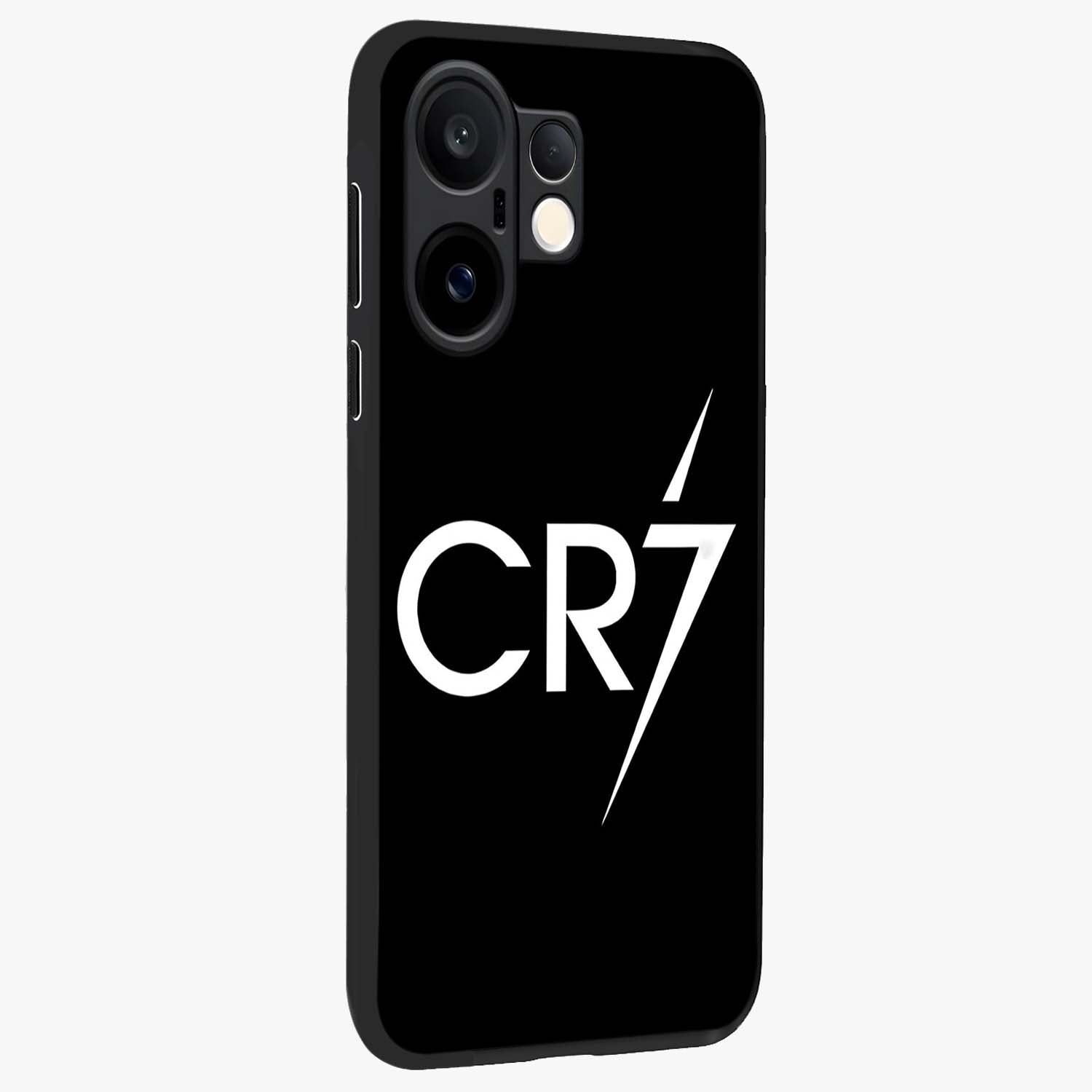 Cr7 Elite Strike Glass Case upright view showcasing energetic football inspired design with modern sports aesthetic.