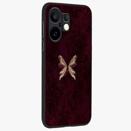 Crimson Fade Butterfly Glass Case upright view showcasing graceful butterfly artwork with soft crimson fade effect.