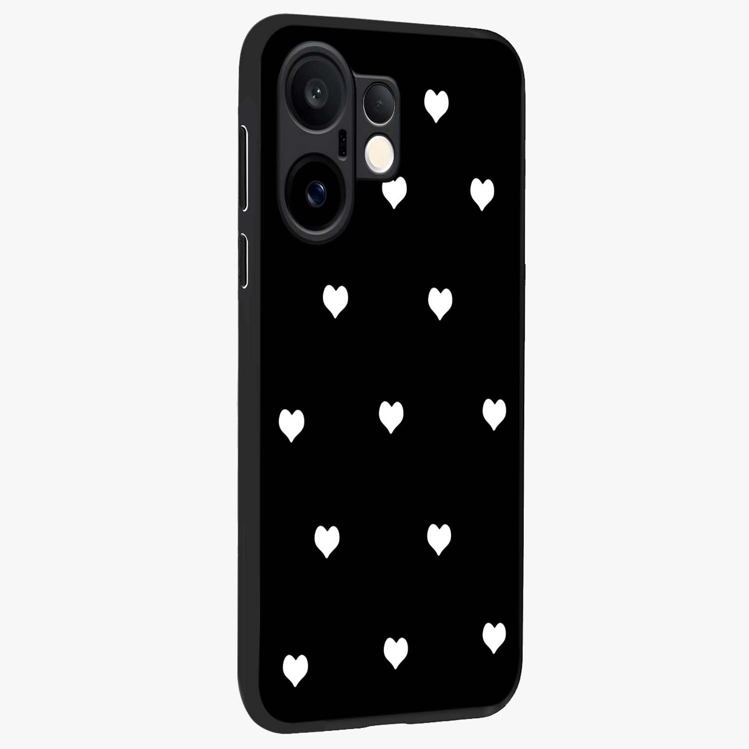 Cute And Simple White Hearts Glass Case upright view showcasing simple white hearts artwork with soft minimal theme.