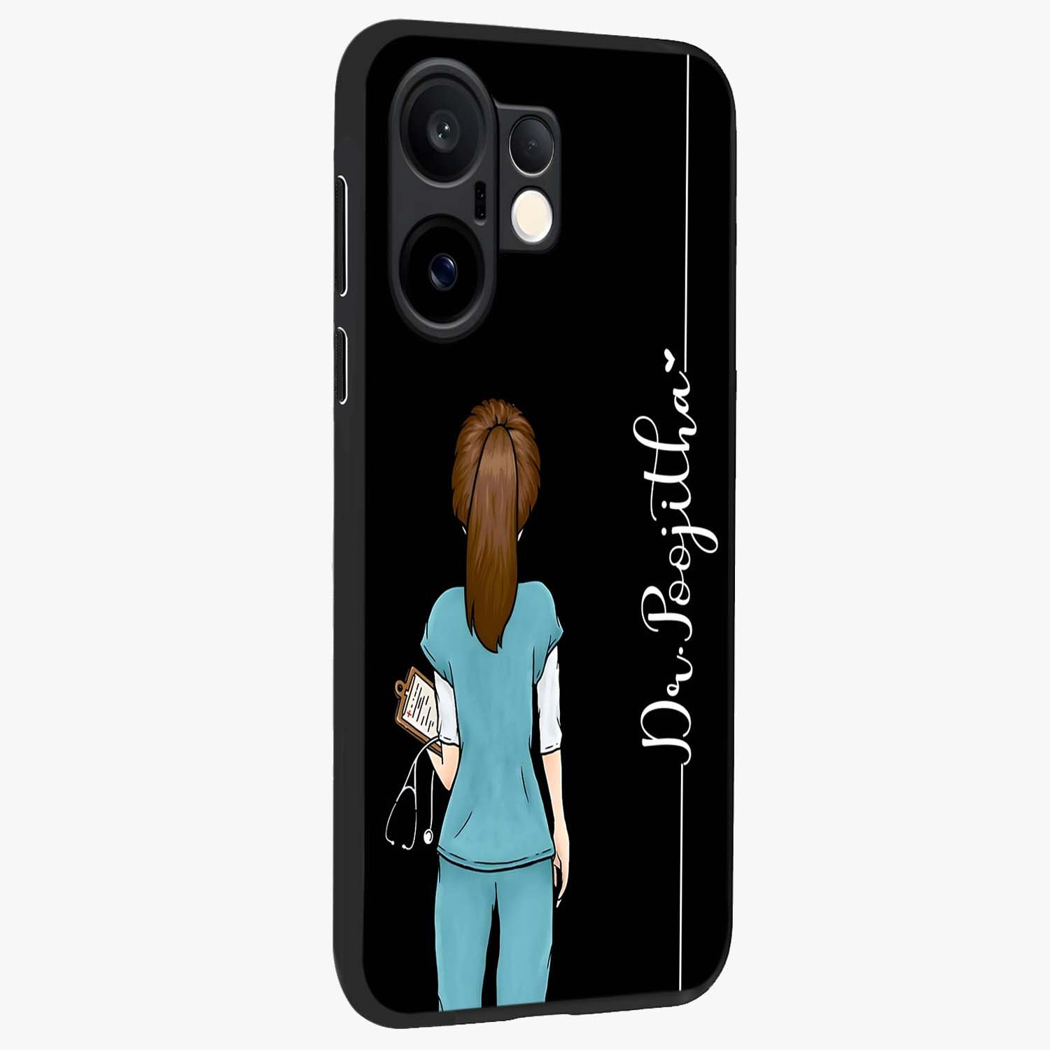 Doctor Pattern Custom Name Glass Case upright view showcasing healthcare themed design with personalized aesthetic.
