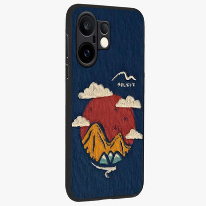 Dream Beyond Mountains Glass Case upright view showcasing beautiful mountain scenery with inspirational nature theme.