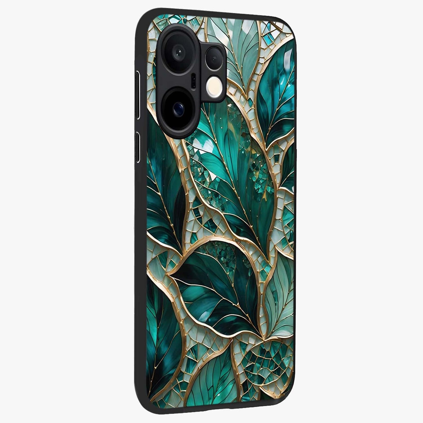 Emerald Leaf Glass Glass Case upright view showcasing fresh green leaf artwork with calming nature inspired style.