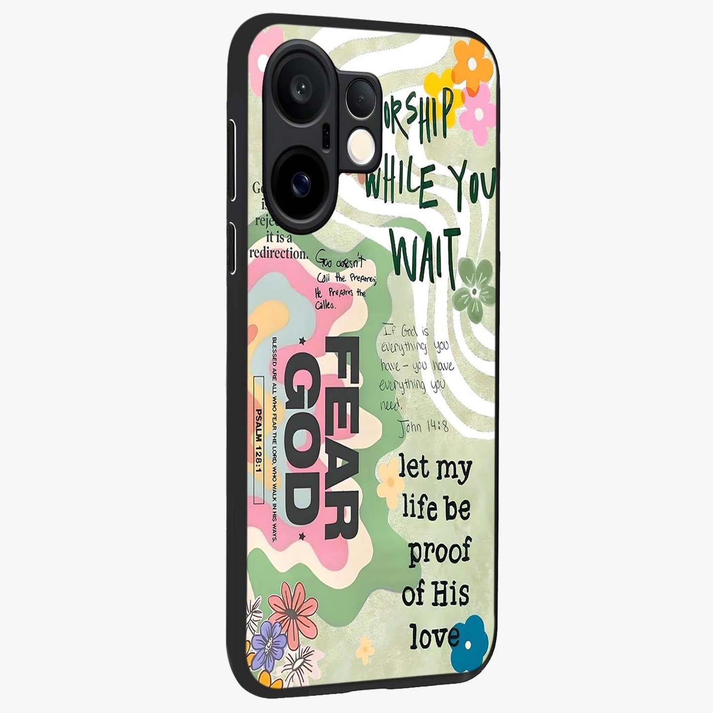 Faith Over Fear Glass Case upright view showcasing bold typography artwork with uplifting motivational theme.