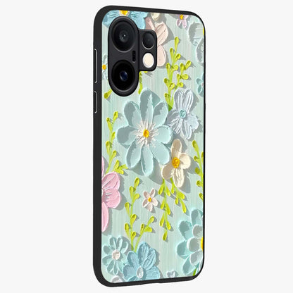 Frosted Petal Garden Glass Case upright view showcasing elegant floral garden artwork with soothing pastel theme.